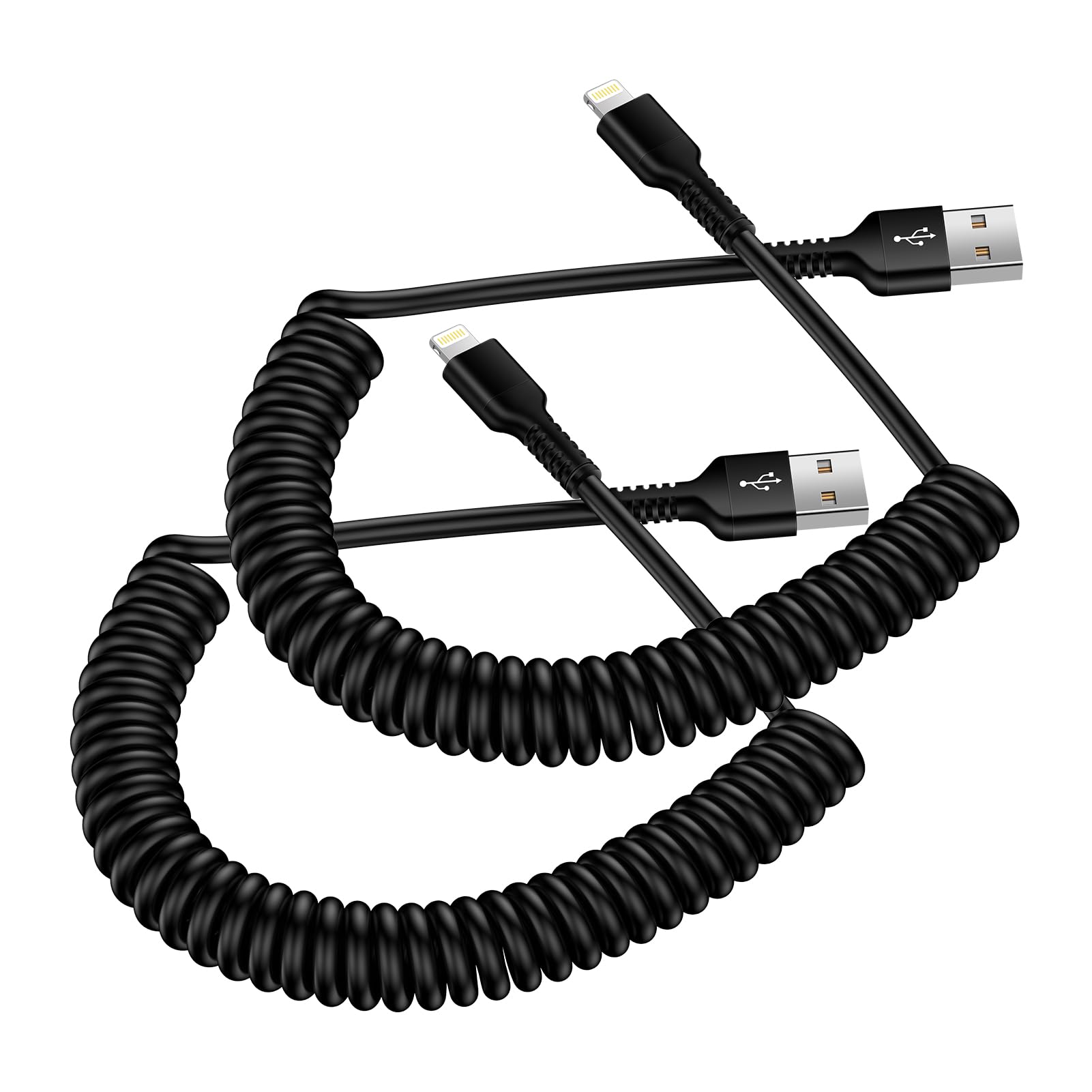 ライトニングケーブル USB-A コイル状 2本 CarPlay対応＆MFI認証 iPhone充電ケーブル カールコード 2.4A 急速充電と高速データ転送 Haoano アイフォーン 車用 伸縮コード 高耐久 iPhone 14 Pro Max/14 Pro/14 Plus/14/13/12/11 Pro Max/XS/8/iPad Air/iPad Mini/iPod