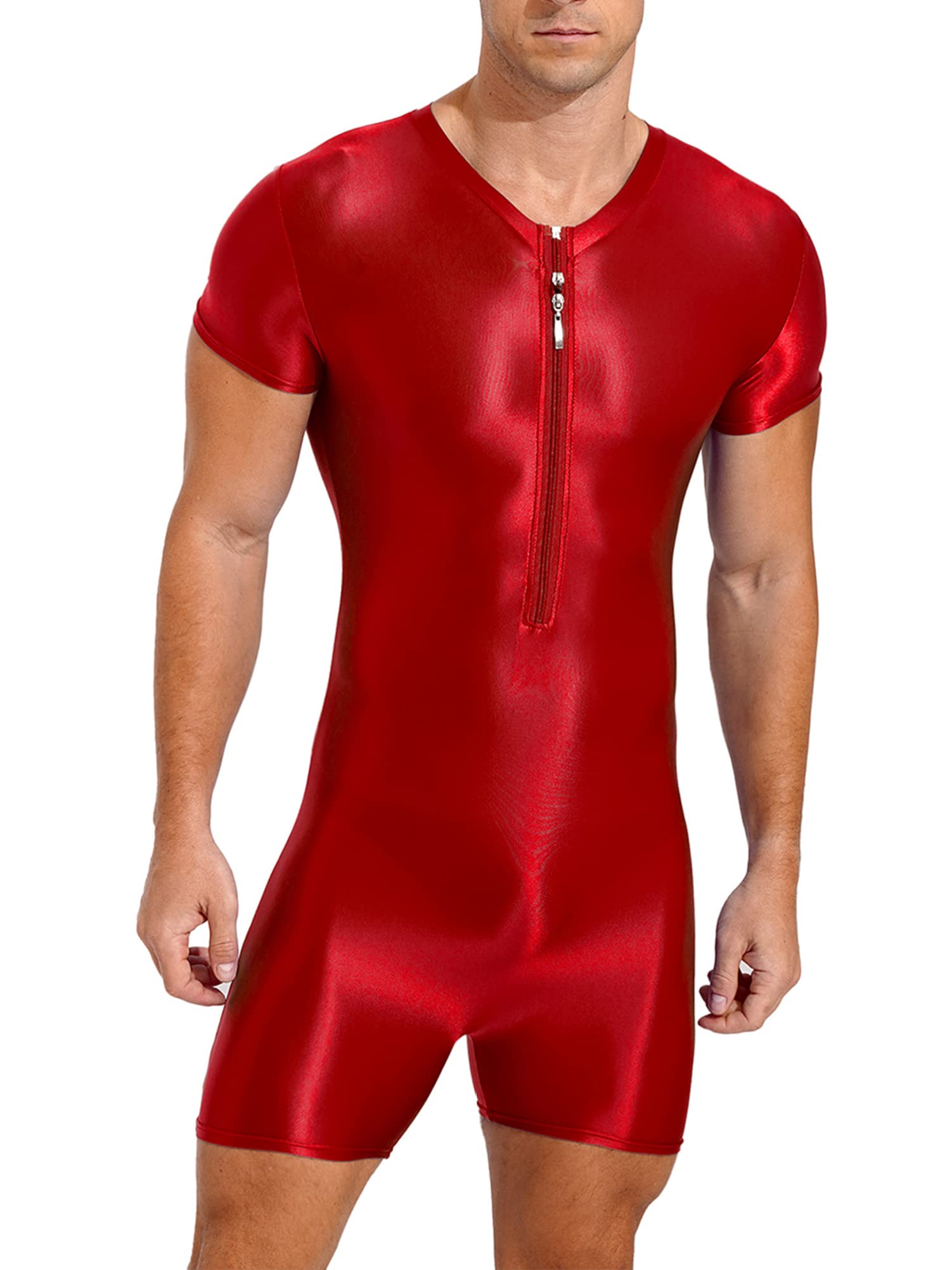 CHICTRY Men's One-Piece Short Sleeve Workout Bodysuit Zipper Front Leotard Wrestling Singlet Unitard Burgundy XL