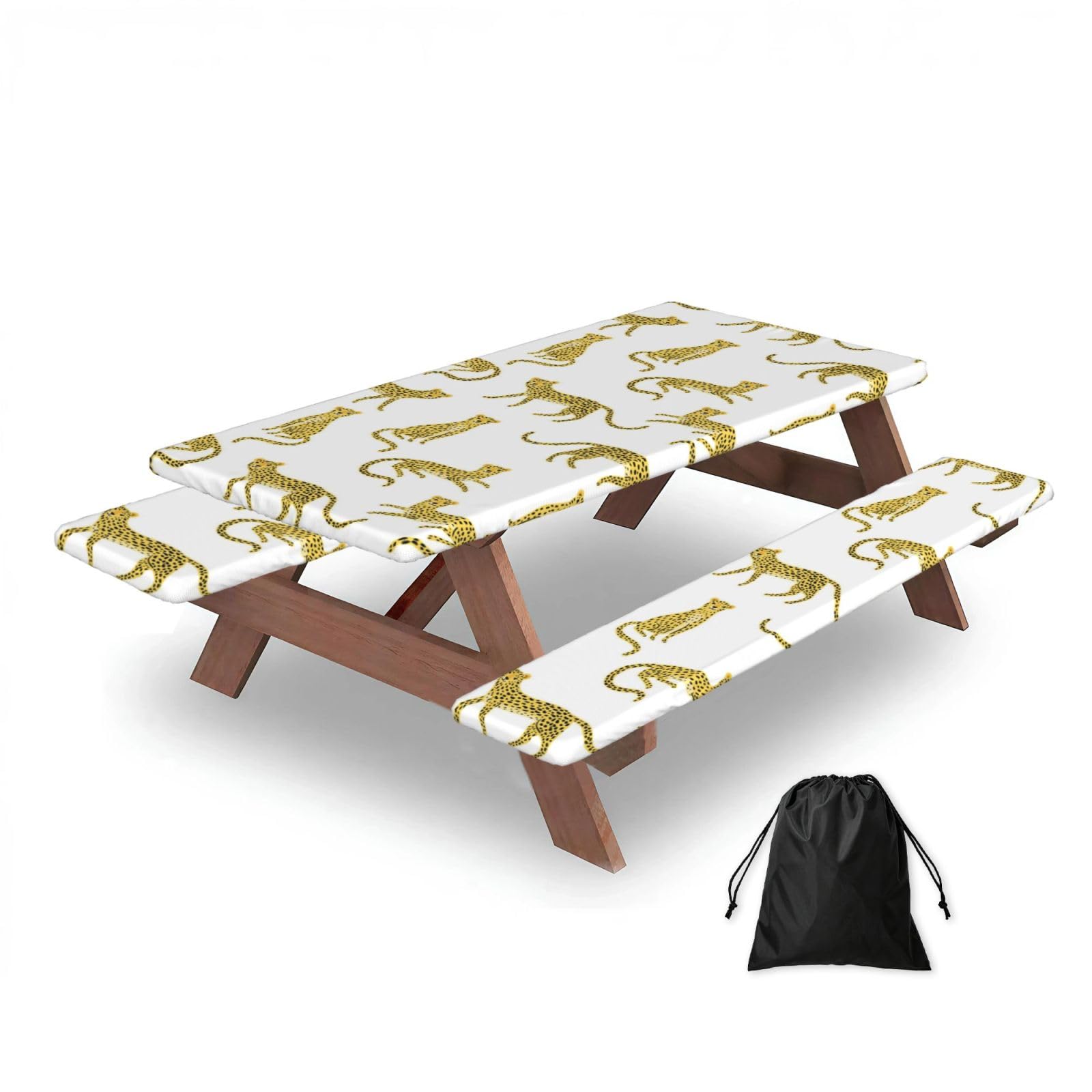 Dopklna As Picture Cartoon Leopard, Picnic Table Cover With Bench Covers -Waterproof Elastic Fitted Tablecloth For Garden Camping Patio 76X152cm