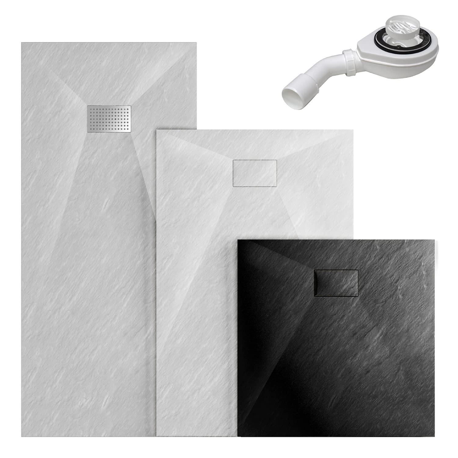 WITEN&NOCK SMC Duschwanne 170x80cm Weiß Steinoptik Antirutsch Ablauf Ø90mm | Höhe 3,2 cm Niedrige Schwelle Extraflach Duschtasse bruchfest&zuschneidbar inkl. Edelstahlabdeckung für Dusche Duschkabine