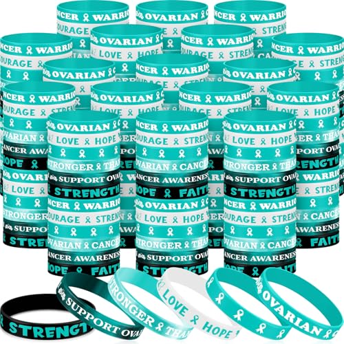 Image of Landical 300 Pcs Ovarian Cancer Awareness Silicone Bracelets Teal Ribbon Motivational Rubber Wristbands Colored Ovarian Cancer Awareness Wristbands for Event Support Charity Supplies Favor