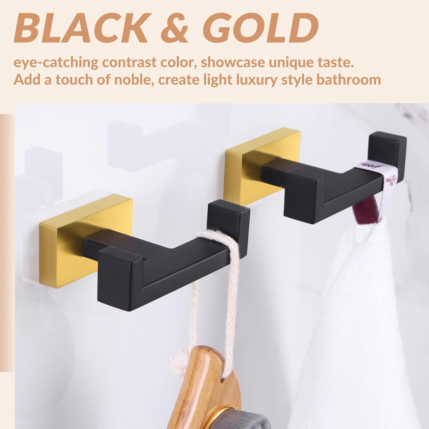 APLusee Double Bath Towel Hook 2 Pack, Solid Stainless Steel Square Dual Coat Holder, Modern Bathroom Kitchen Storage Hanger Wall Mounted, Black & Gold