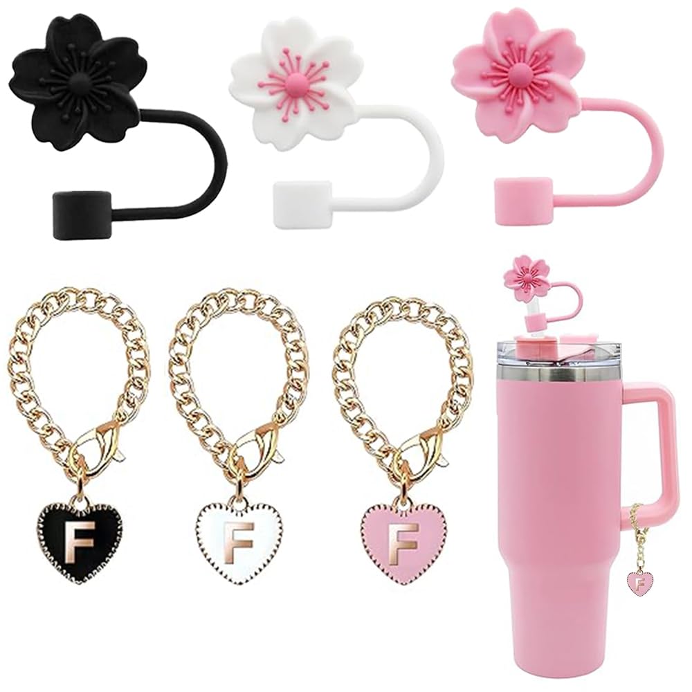 Fxkoolr 3 Pieces Silicone Straw Covers for Stanley Cup 30&40 Oz 3 Pcs Name ID Letter Handle Charms, 0.4in/10mm Flower Dust-Proof Reusable Straw Topper(F)