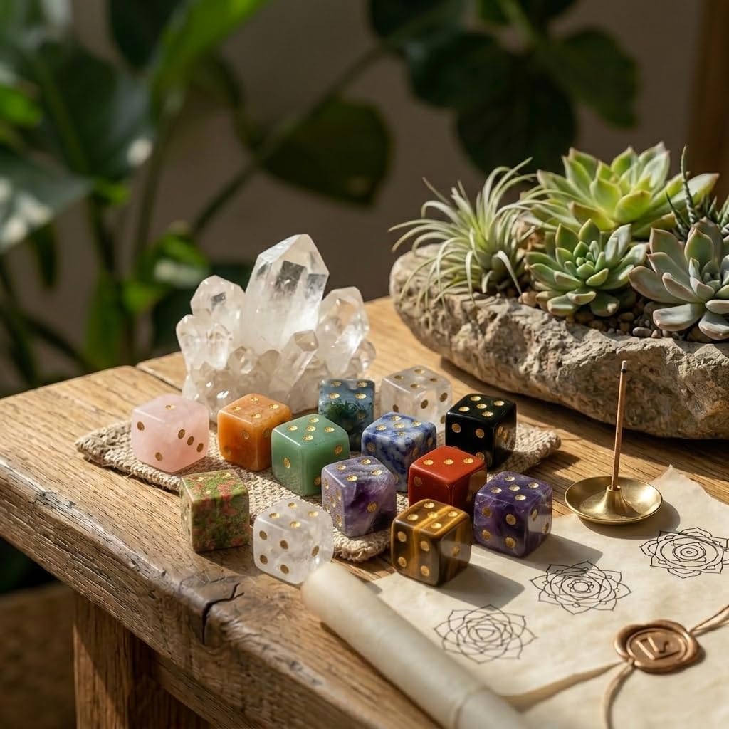 12PCS a Set Natural Crystal Gemstone Dice Set, Multi-Color Semi-Precious Stone Gaming Dice with Gold Pips Home Decor