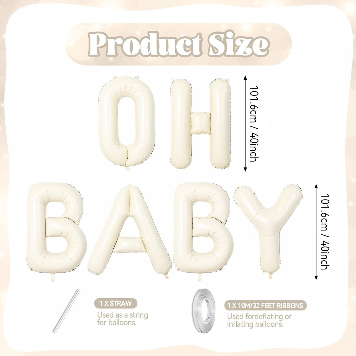 Biapian 40 Inch OH BABY Letter Balloons, Big Beige Foil Balloons, 6 Pcs Giant Alphabet Large Balloon Neutral Balloon Banner Sign for Baby Shower Birthday Gender Reveal Party Decoration image 2
