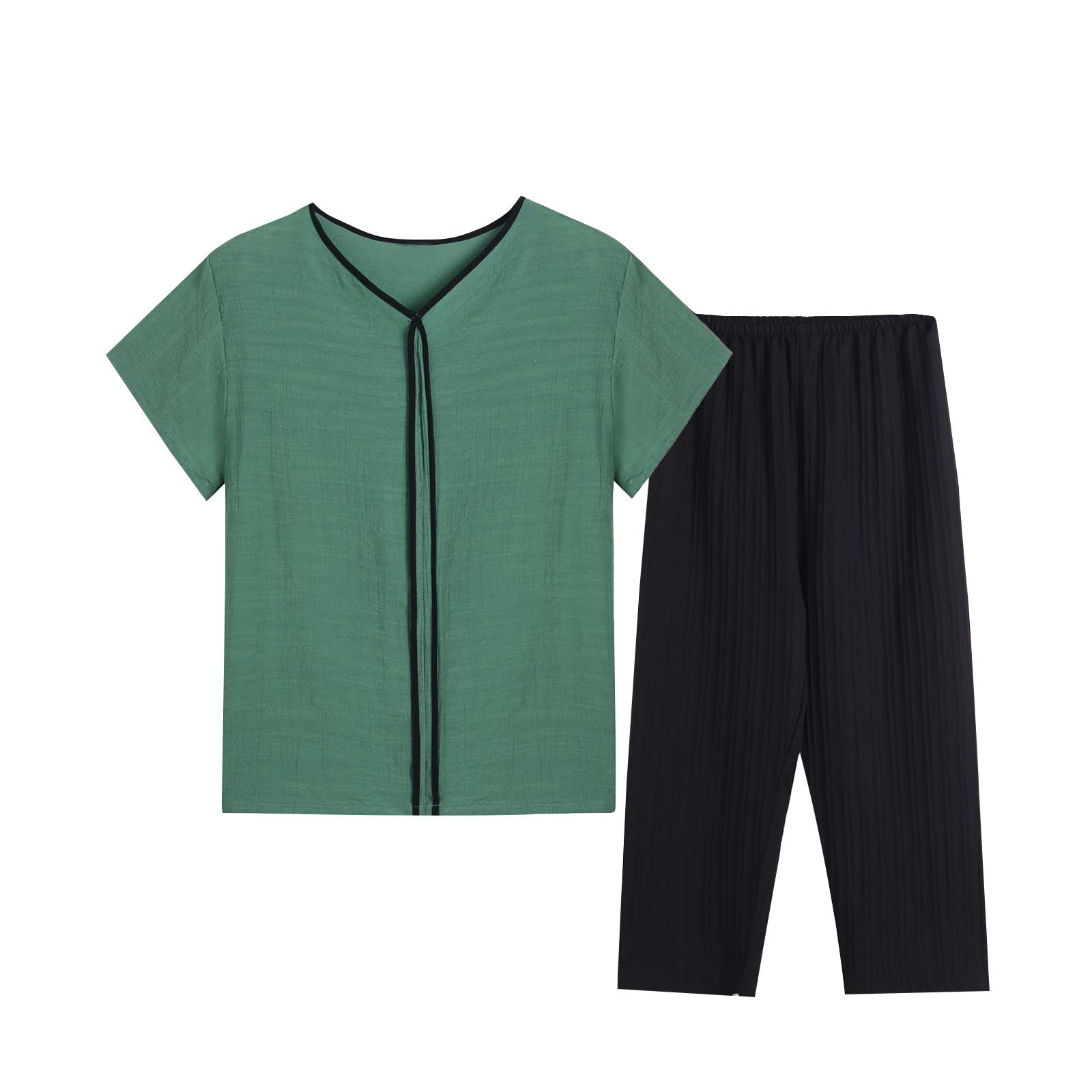 Generic Womens 2 Piece Outfits Casual Summer V Neck Short Sleeve Tops Cropped Pant Lounge Sets Loose Comfy