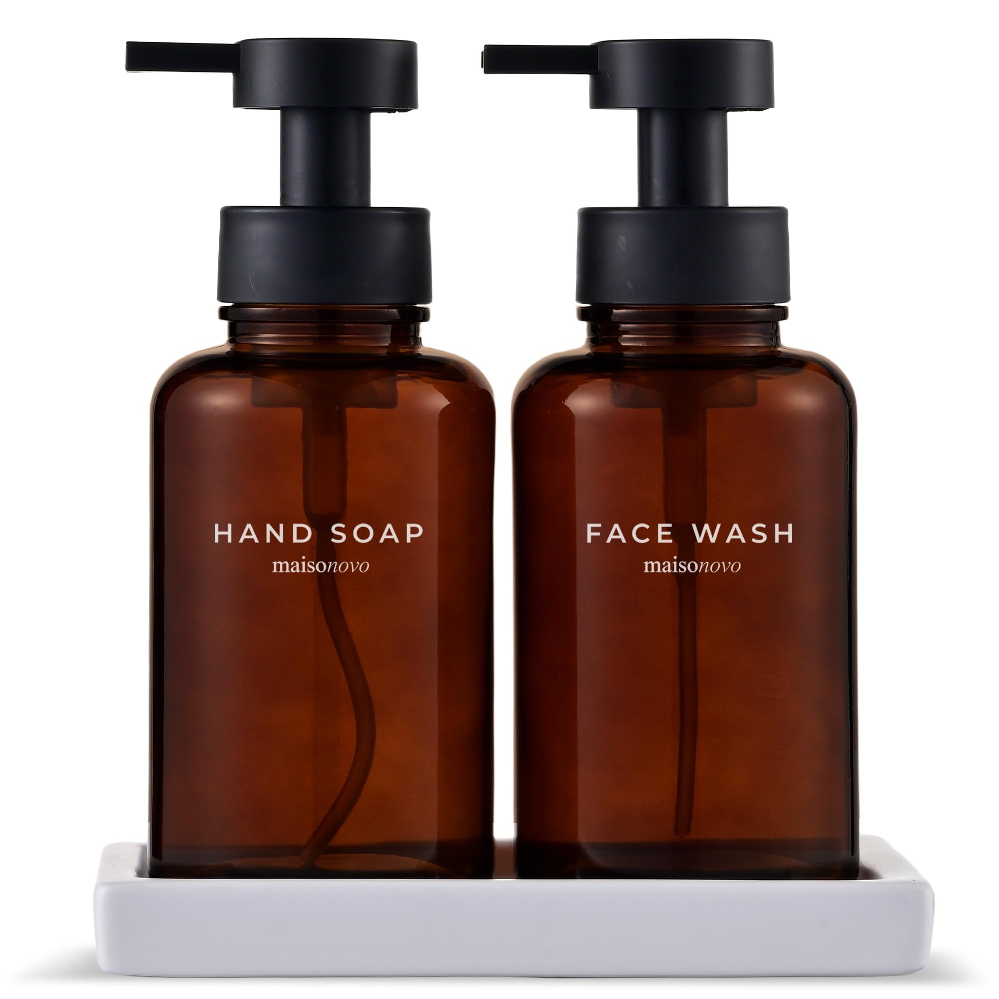 MaisoNovo Glass Foaming Soap Dispenser - 400 ml Amber Glass Foaming Hand Wash Dispenser Black Pumps x 2 with White Ceramic Tray, Waterproof Labels