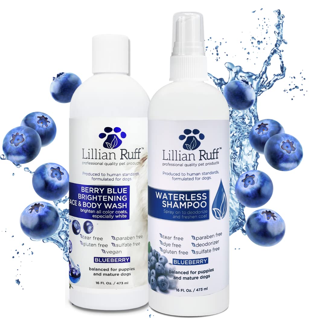 Lillian RuffBerry Blue Brightening Face and Body Wash for Dogs - Blueberry Shampoo - Remove Tear Stains, Hydrate Dry Itchy Skin, Add Shine & Luster to Coats (Berry Blue Shampoo & Waterless Set)