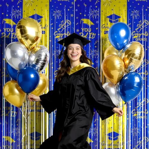 2 Pack Blue Gold Graduation Foil Fringe Curtain Backdrop, 3.3 x 6.56 FT Tinsel Streamer with Graduation Cap Print, Class of Party Decorations Photo Booth Backdrop for Grad Party Supplies by Pizzazzpulse - Used condition - Image 3