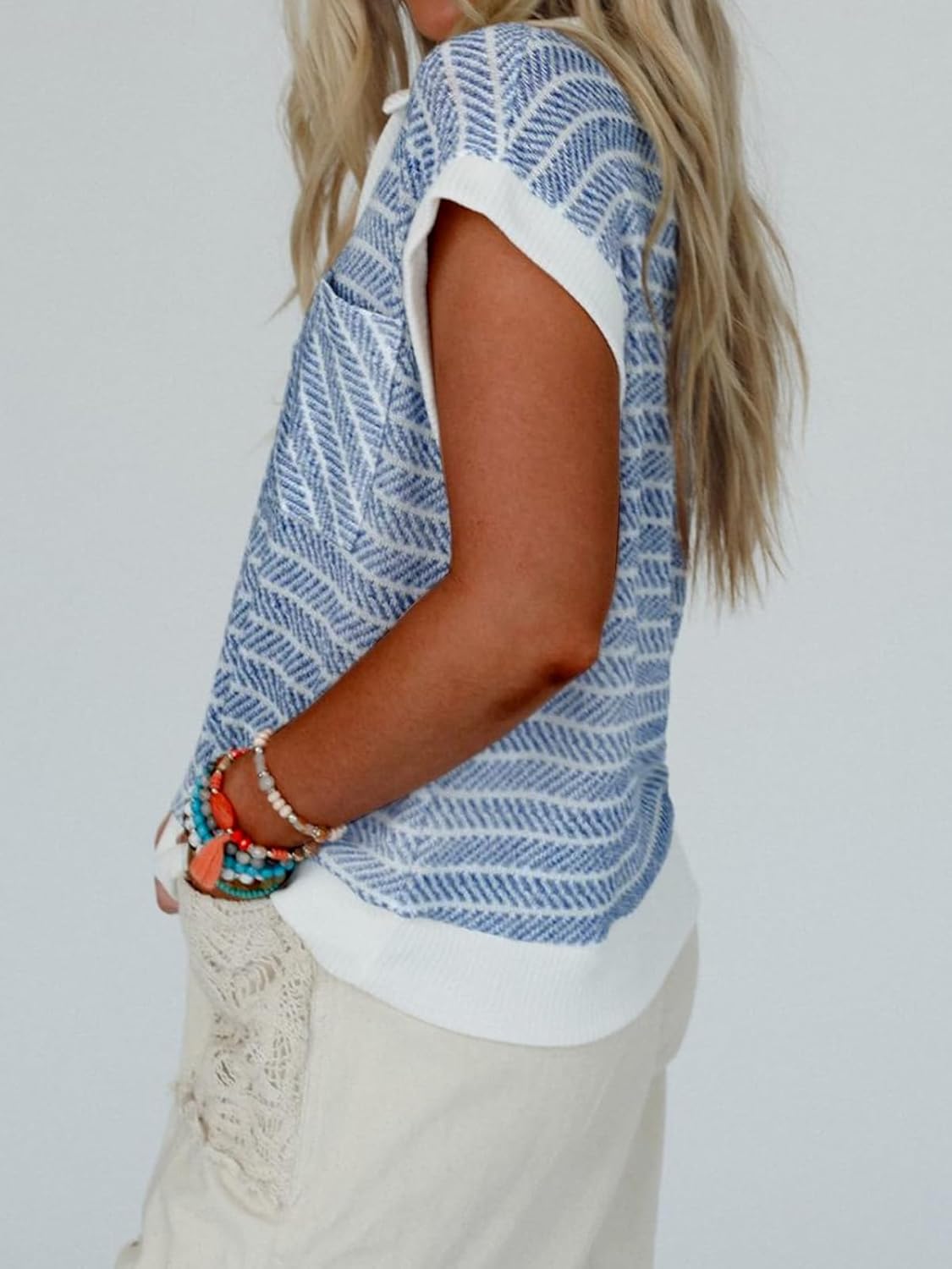 Women's Dressy Casual Tops Business Work Blouses White Striped Lapel Collar Shirts Cap Sleeve V Neck Tshirt - Image 4