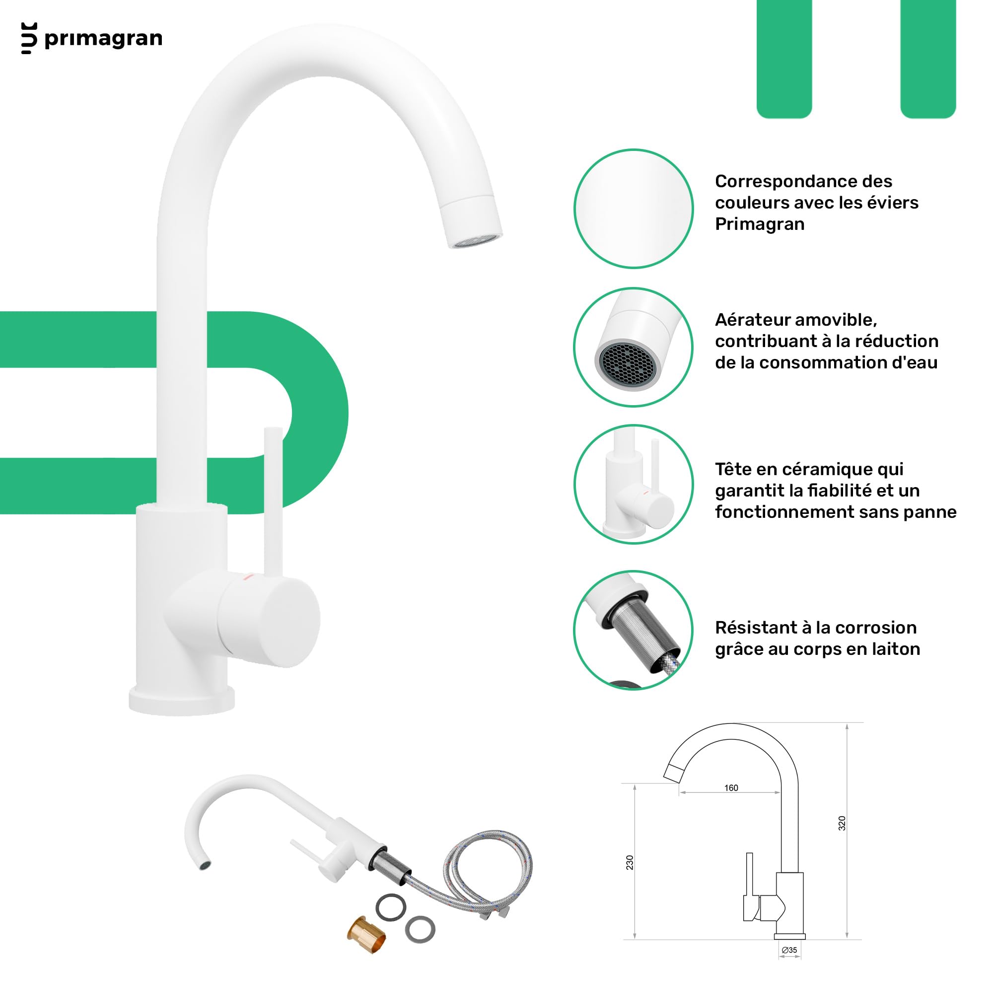 PRIMAGRAN Evier Cuisine en Granit Blanc 70x44cm, Lavabo 1 bac + Robinet 32x20cm + Kit de Vidage, Évier à Encastrer au Meuble 45cm - Copenhague Easy S047