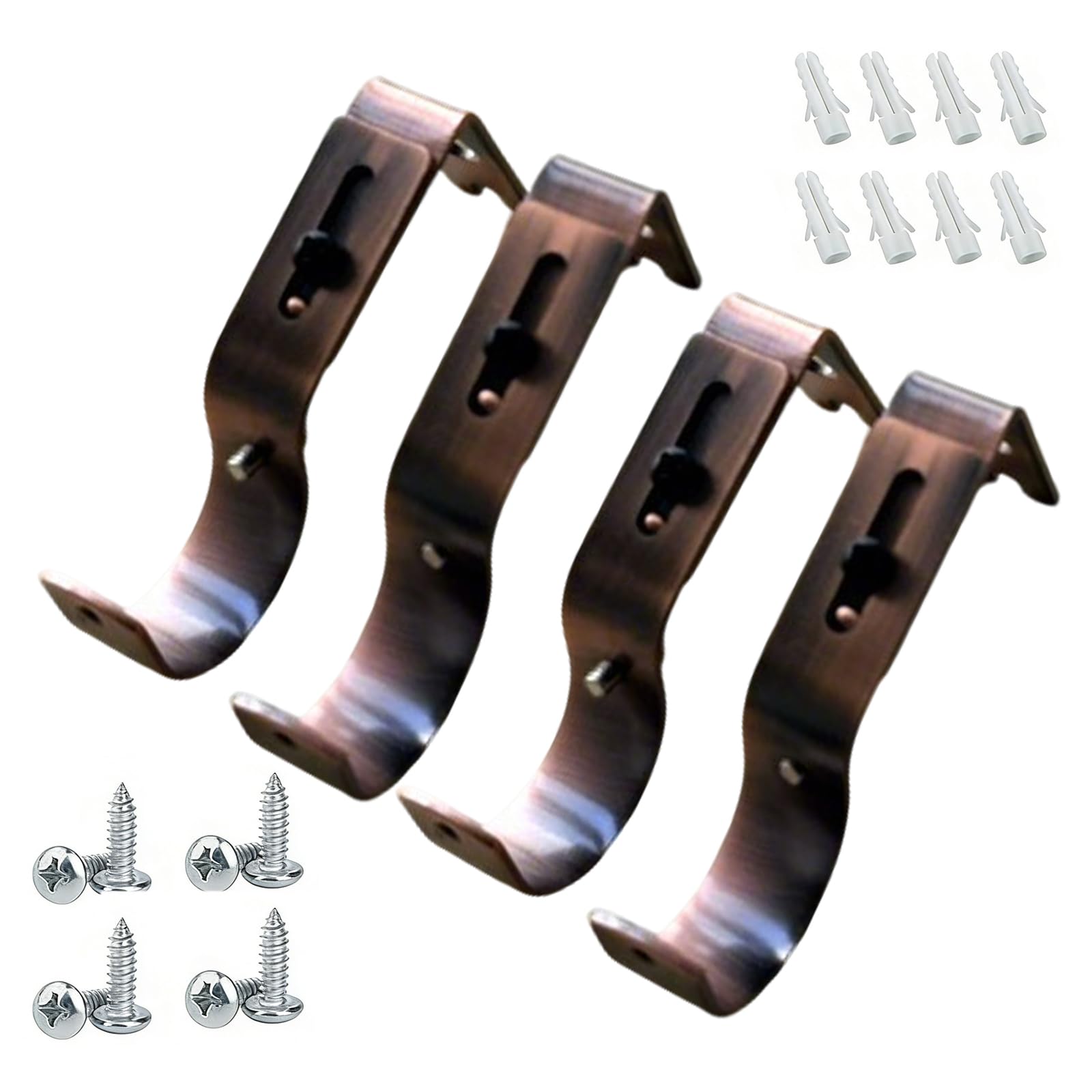 Rhinenet 2 Pairs Curtain Pole Bracket Adjustable Single Curtain Rod Brackets Holder Wall Bracket Hooks Outside Mounted Blinds Heavy Duty Support with Screws for Curtain Poles Wall Rod (Red Bronze)