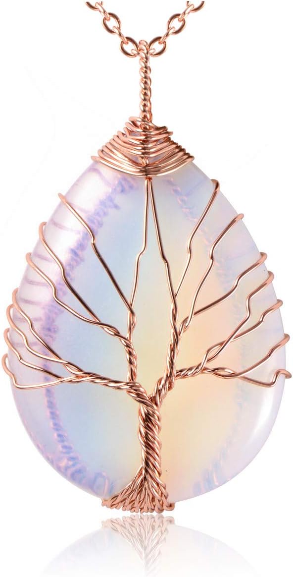 Top Plaza Wire Wrapped Tree of Life Natural Gemstone Teardrop Pendant Necklace Healing Crystal Chakra Jewelry for Women - Synthetic Opalite