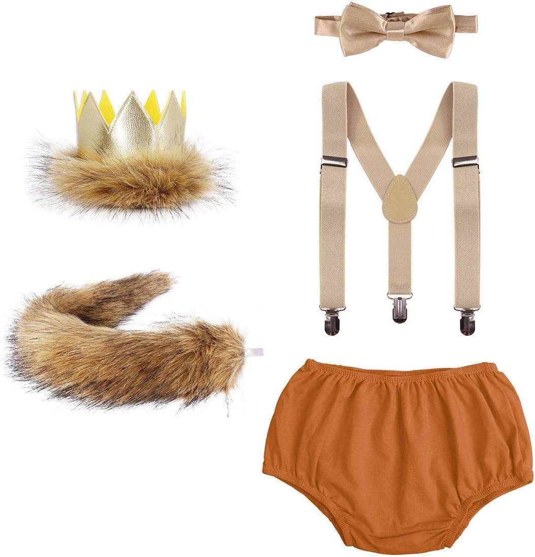 IMEKISBaby Boys 1st 2nd Birthday Outfit Cake Smash Lion Bloomers Suspender Bowtie Headband Tail Costume Wild ONE Photo Props