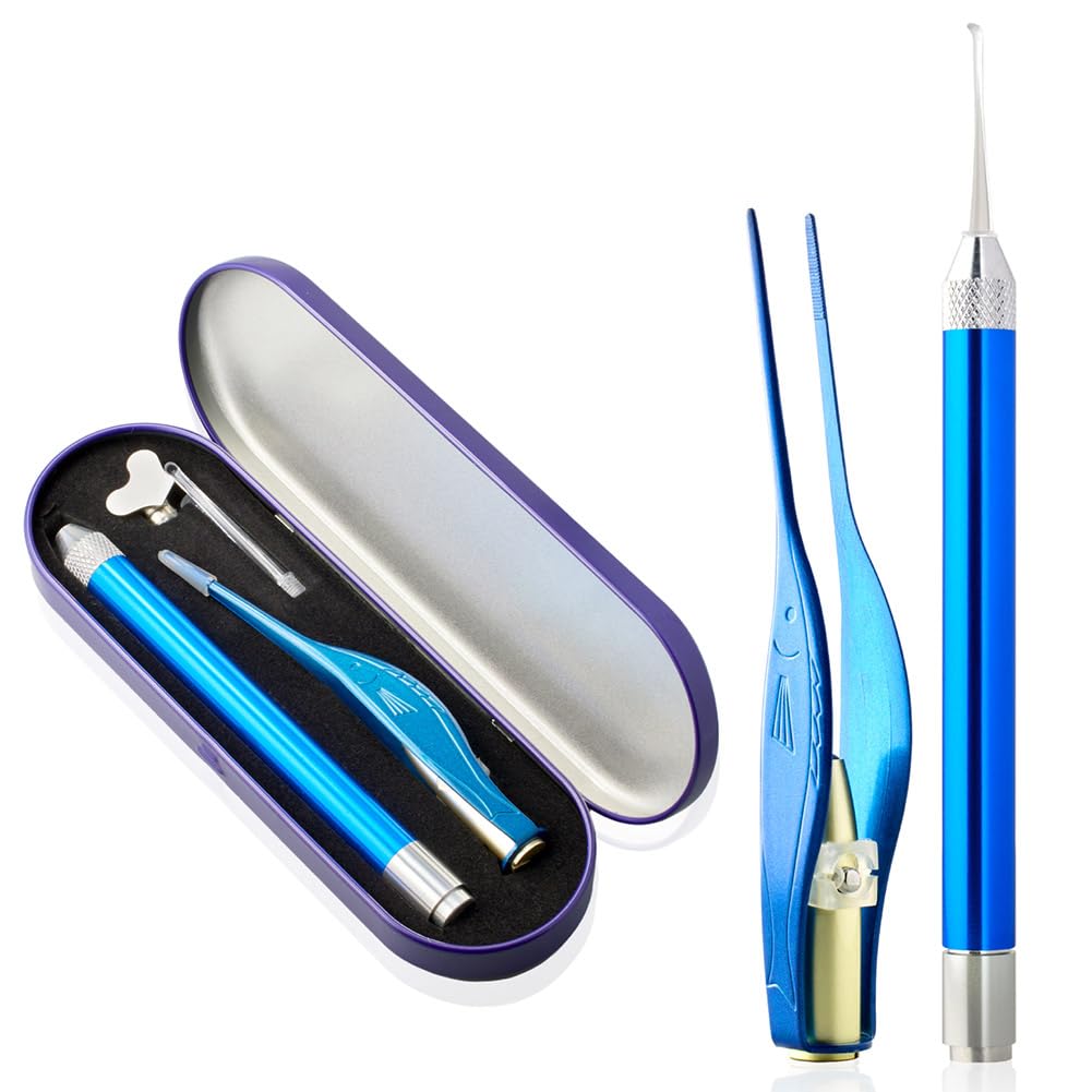 【coco iine】LEDライト付き 耳かきセット 耳かき 耳掻き ライト ステンレス ピンセット 子供 ライト付き 光る 便利 生活雑貨 日用品 かわいい プレゼント 3点セット 耳掃除 光る耳かき 光るピンセット (ブルー)