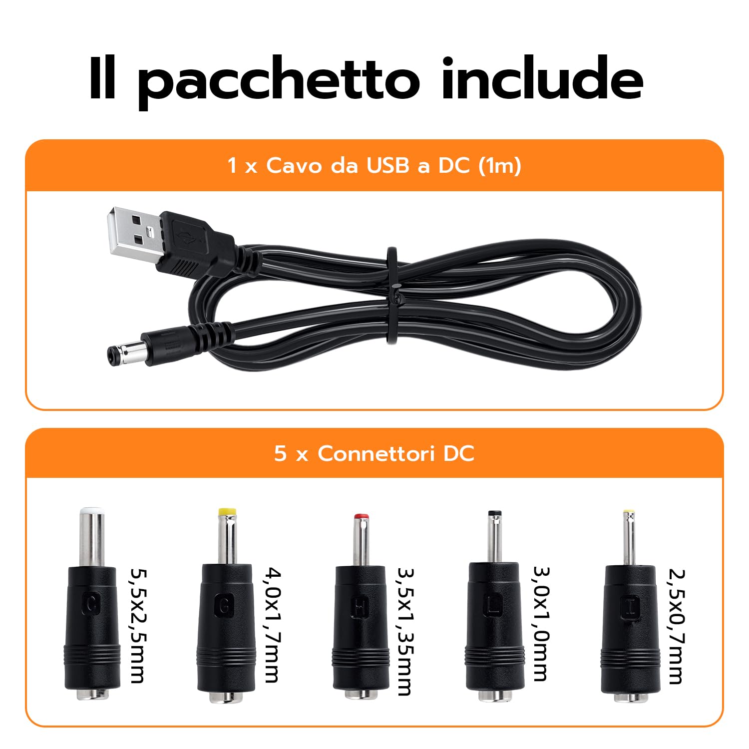 Cavo di Alimentazione da USB a DC 5V,Cavo di Ricarica USB con 5 connettori DC, Ingresso a Uscita DC 5,5 x 2,5 mm, per router, CCTV