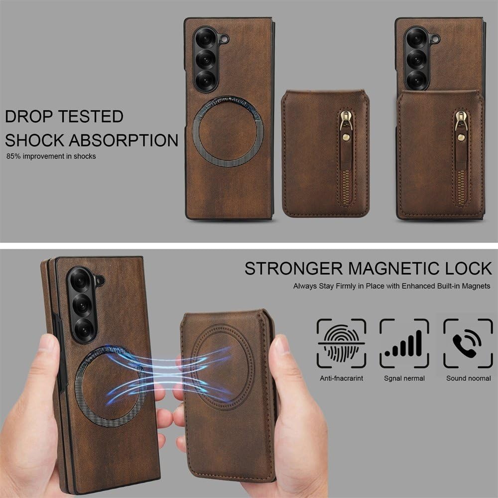 Funda magnética Desmontable con Tarjetero para Samsung Galaxy Z Fold 6, 5, 4 y 3, de Cuero con Cremallera, Morada, para Samsung Z Fold 6
