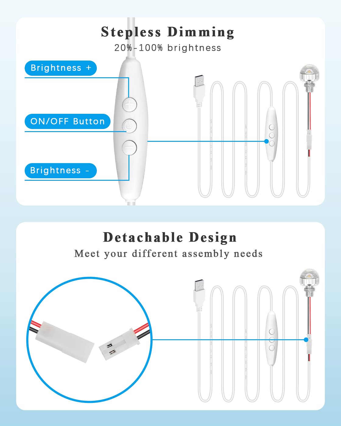 Piccola lampadina USB 1 Watt con cavo DC 5 V dimmerabile LED luce 1,6 m di lunghezza USB alimentato con filo flessibile per Halloween, fai da te, esperimenti, 1 confezione (bianco caldo)