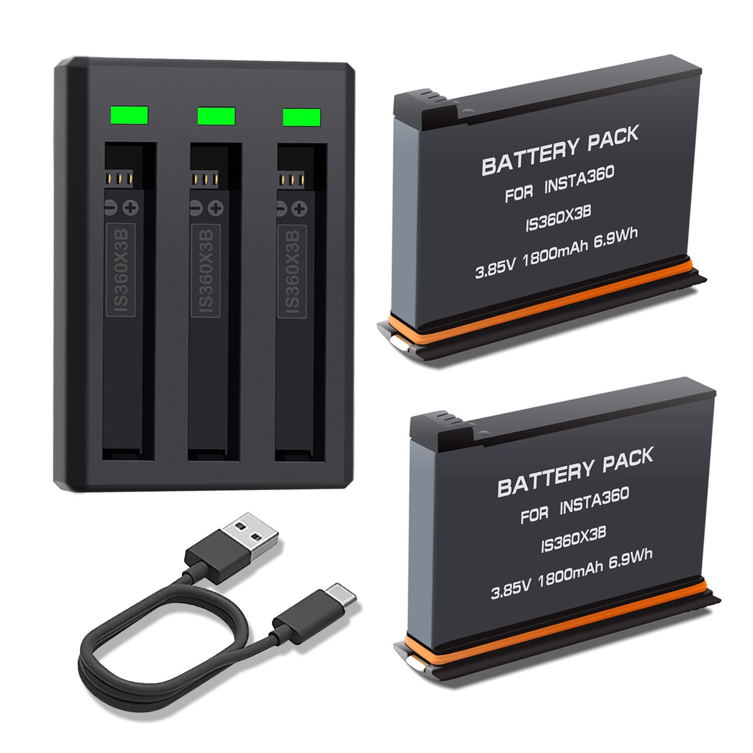 Batteria Caricabatterie Kit per Insta360 X3, 2 Batterie da 1800mAh e LED Caricatore per Insta360 X3/ One X3 Fotocamera