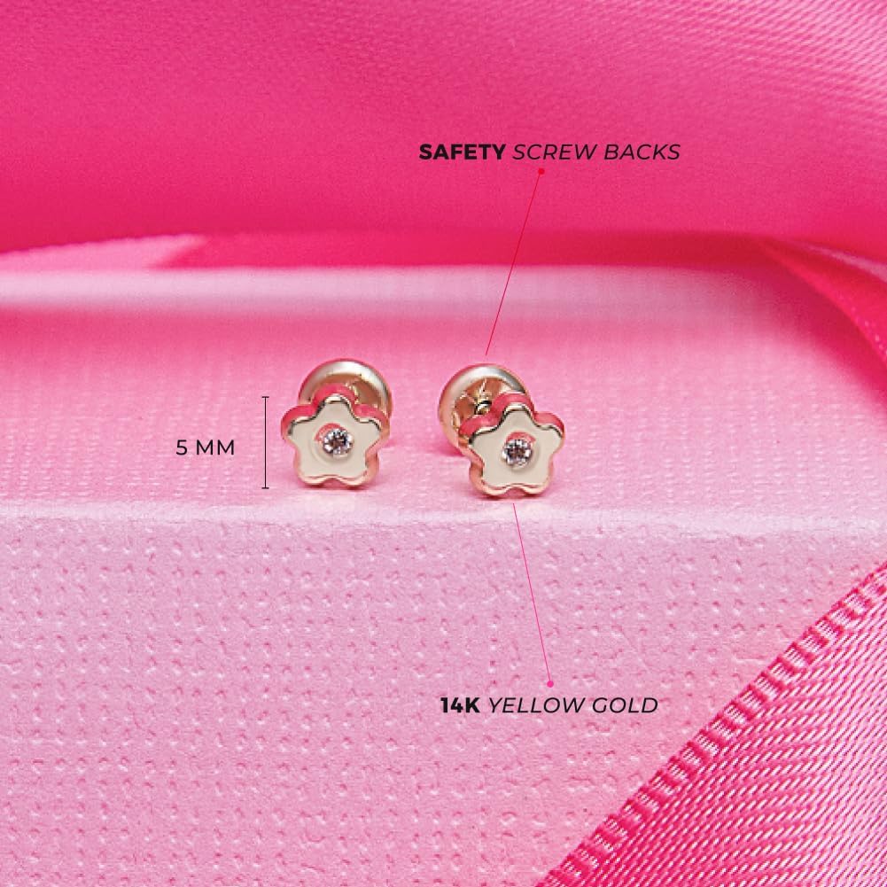 14k Yellow Gold Young Girls 5mm Clear Cubic Zirconia Flower Screw Back Earrings - Tiny Floral Stud Earrings for Infants to Toddlers - Dainty Flower Screw Backs for Little Girls
