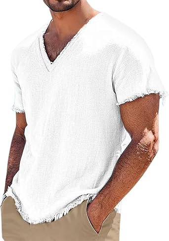 Mens Linen V Neck T-Shirt Short Sleeve Raw Edge Frayed Design Lightweight Cotton Linen Blend for