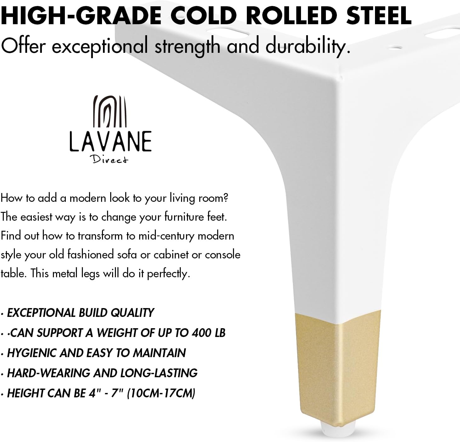 La Vane 7 Inch Metal Furniture Legs, Set of 4 - Modern Diamond Triangle White/Gold DIY Replacement Feet Corner Legs for Cabinet, Sofa, Sideboard, Couch, Dresser Makeover