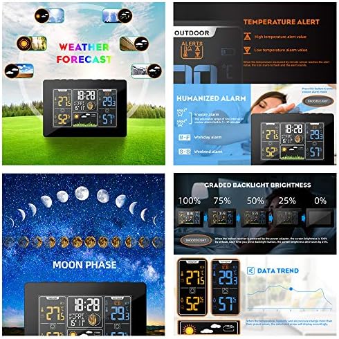 BEHOSE Digital HOME Weather Station,Wireless Thermometer Hygrometer with Large Color LCD Screen, Temperature Indoor Outdoor with Alert and Temperature/Humidity/Barometric/Moon Phase/Date/Alarm Clock