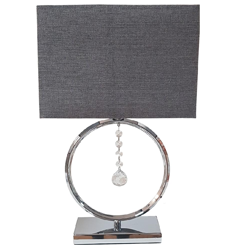 Britalia Grey Table Lamp, Polished Chrome With Crystal Droplets, Cotton Shade, 44Cm Height