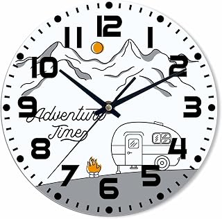 Camper Van Wall Clock 10 inch Round Line Style Silent Non Ticking Wood Wall Clocks Battery Operated Easy to Read Decorative Wall Clock for Bedroom Kitchen Living Room Bathroom