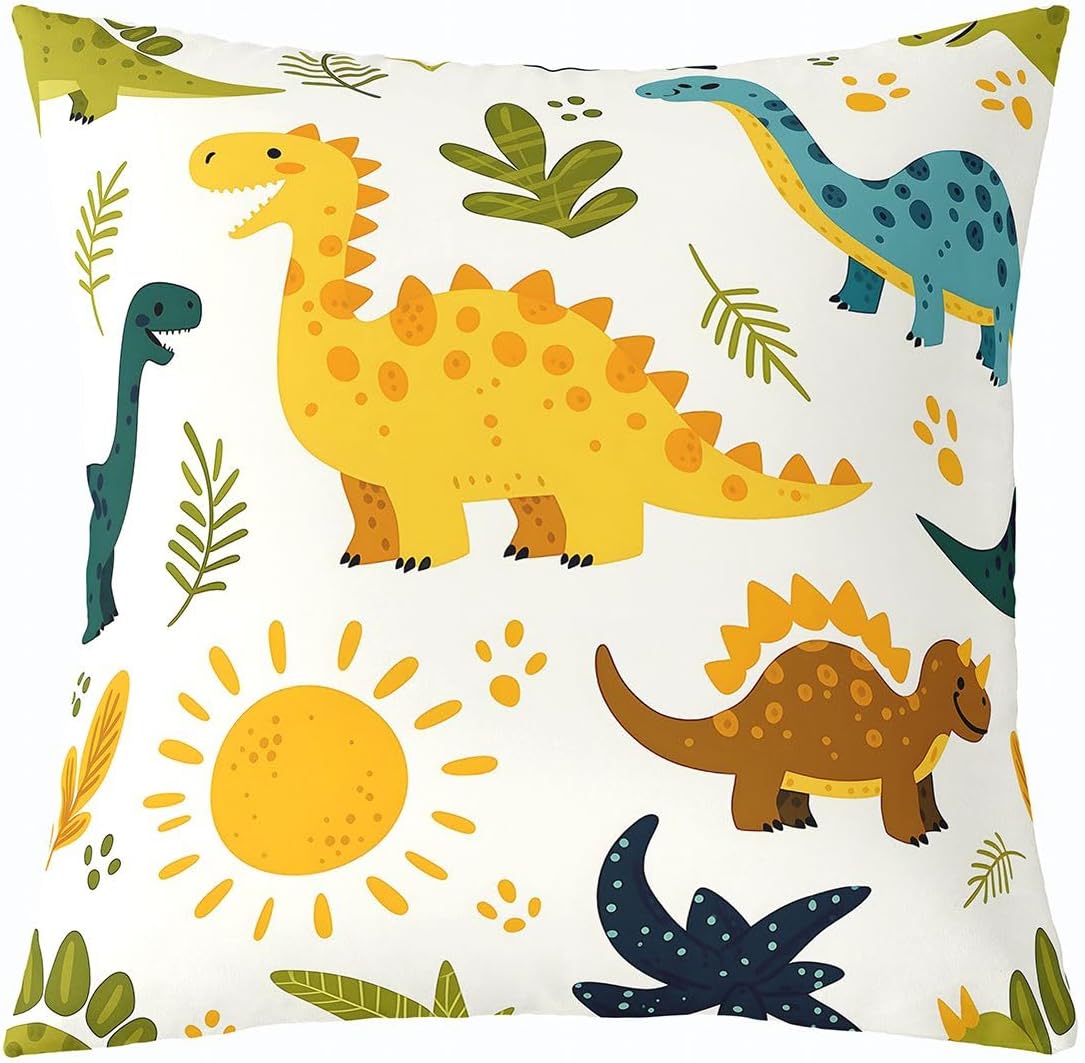 Manfei Cartoon Dinosaur Throw Pillow Cover Sun Leaf Double-Sided Pillow Case Bedroom Living Room Cute Kawaii Cushion Cover for Bed Couch Soft Pillowcases,16x16 Inches White Yellow