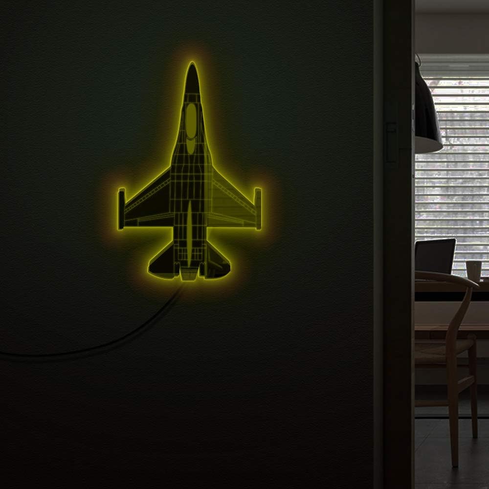 The Geeky Days F-16 Fighting Falcon Jet LED Lighting Sign Combat Aircraft Bed Room Wall Mirror Airplane Aviation Multi Colors Lighting Wall Art Decor