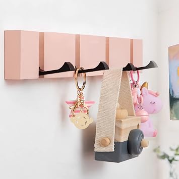 KYSMOTIC Pink Coat Hooks Wall Mounted for Girls, Modern Coat Rack with Folding Hooks, Beautiful Hooks for Girl Bedroom Pink 4 Hooks