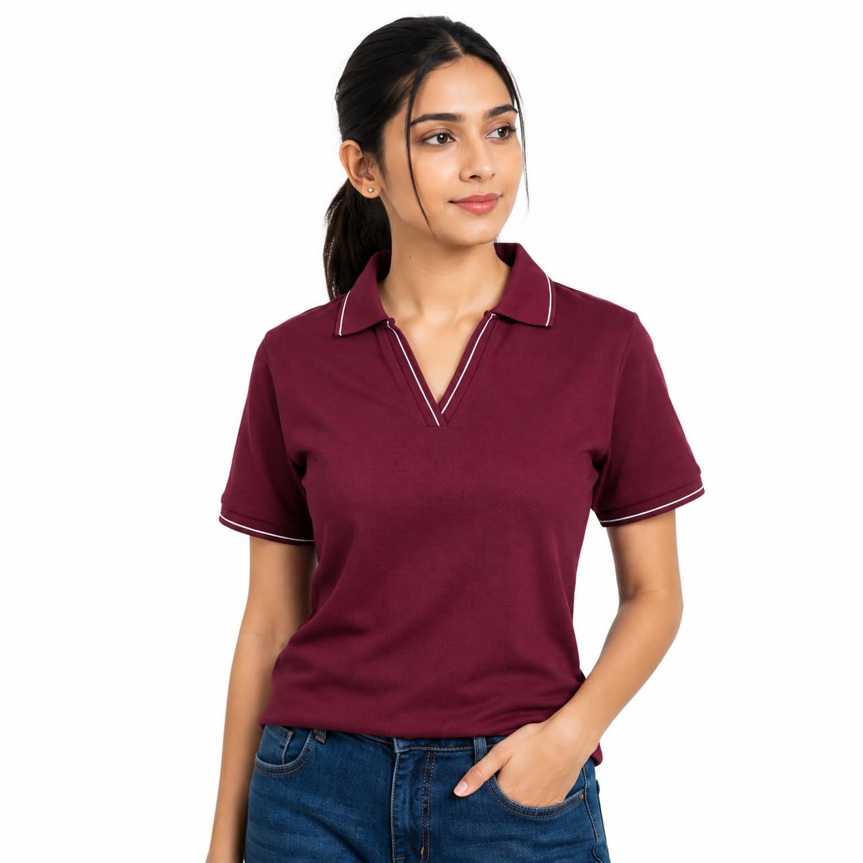 nuvibe Women's Polo T-Shirt, Short Sleeve, V-Neck with Contrast Piping, Casual Top in Olive, Black, Pink and Wine-picture-15