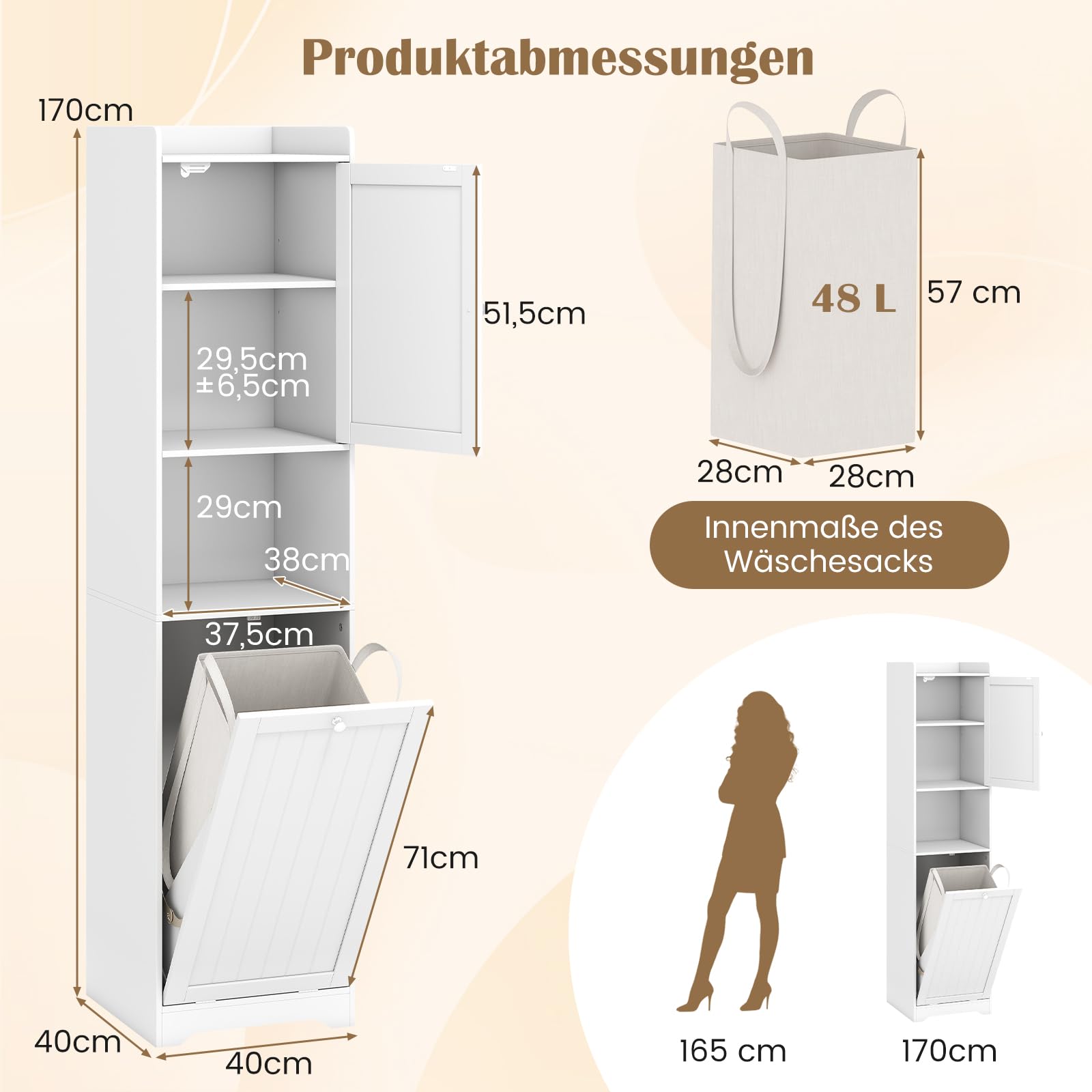 COSTWAY Bad Hochschrank mit Wäschekorb, Badezimmerschrank mit verstellbarem Regal & offenem Fach, Badschrank Holz, inkl. 48L herausnehmbarer Wäschesack, 40 x 40 x 170cm (Weiß)