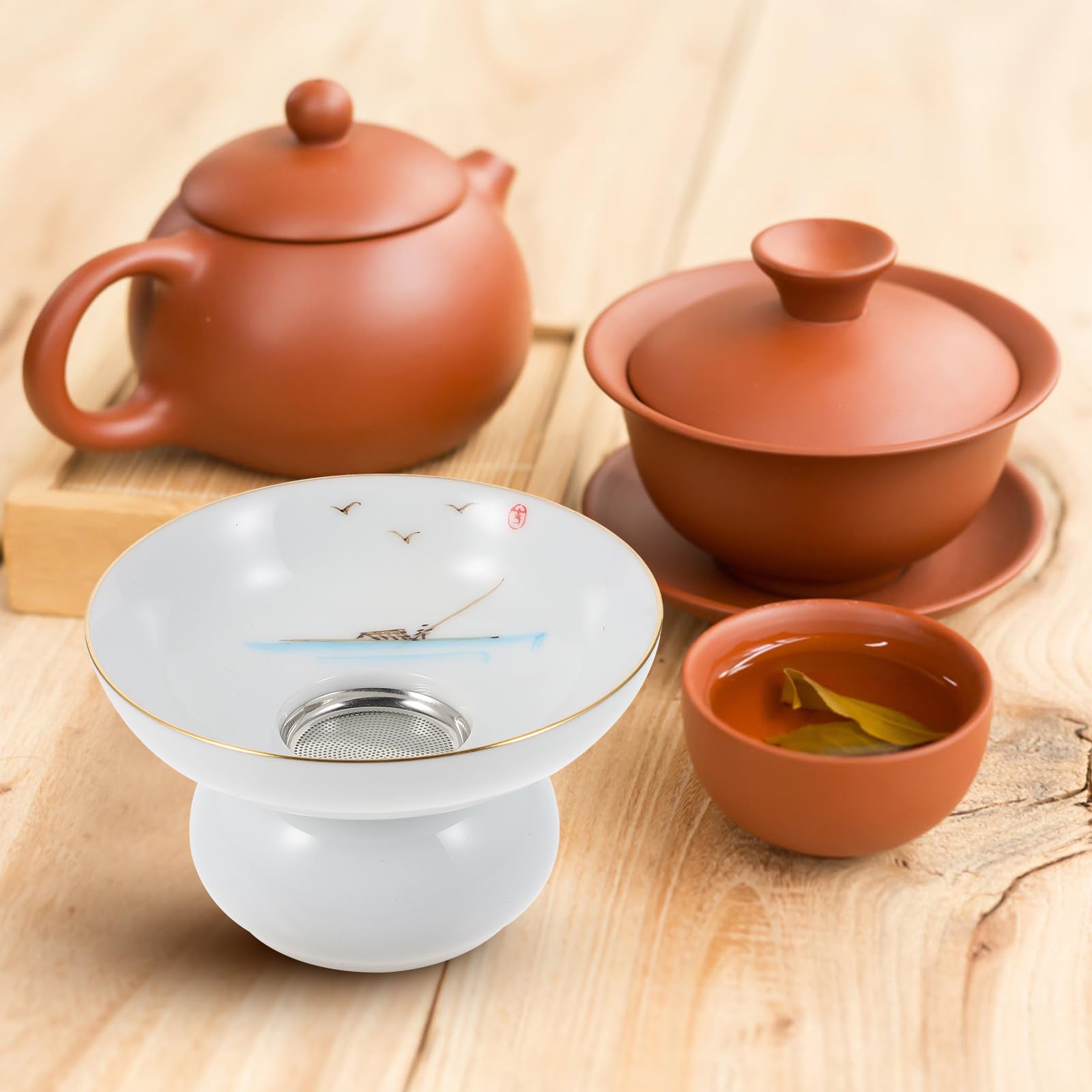 Infuseur à Thé en Céramique Passoire Fine et Support, Accessoire pour Cérémonie de Thé, Filtre Réutilisable pour Maison et Bureau, Style Classique Blanc