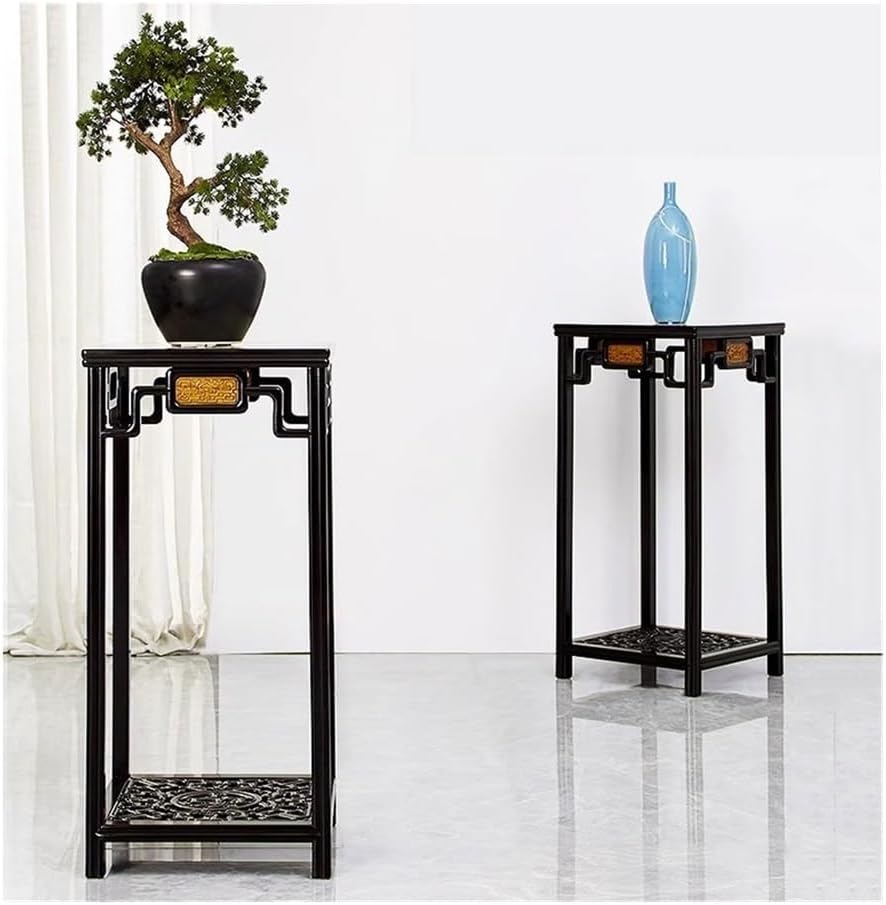 Vase Stand Openwork Carving Redwood with Marble Display Rack, Chinese Antique Style Plant Base
