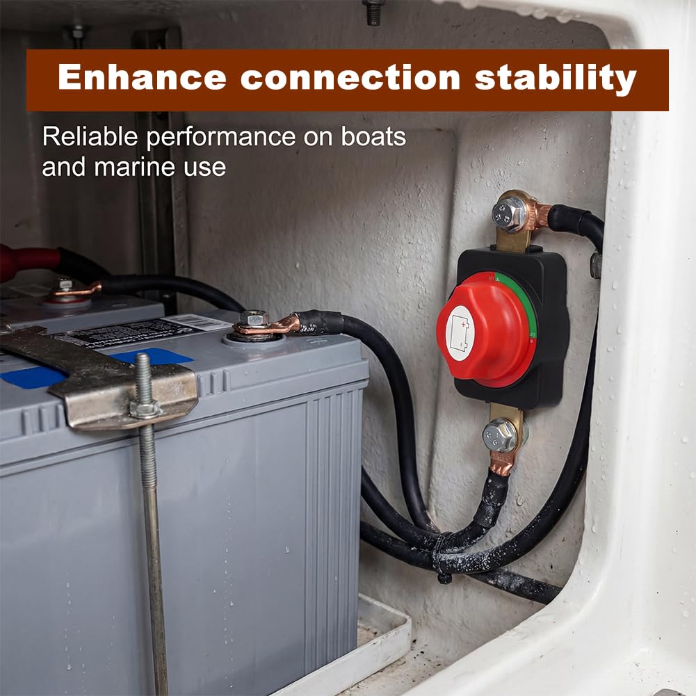 12V–48V Heavy Duty Battery Disconnect Switch, 275A Side Post Battery Terminal Disconnect Switch with ON/Off Knob, No Extra Wiring Required for Marine, Car, Boat and Truck