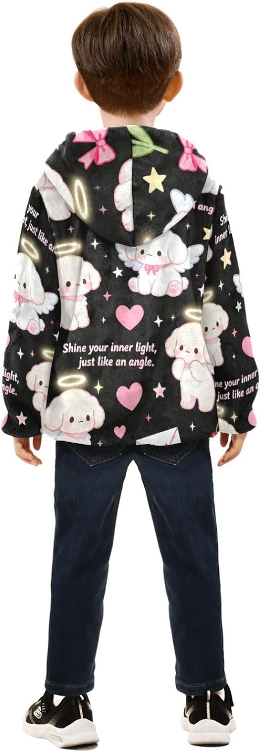 Black Cute White Dog Angel Sherpa Jacket Baby Boy Toddler Boy Outerwear Navy Blue Girl Zip Up Sweatshirt