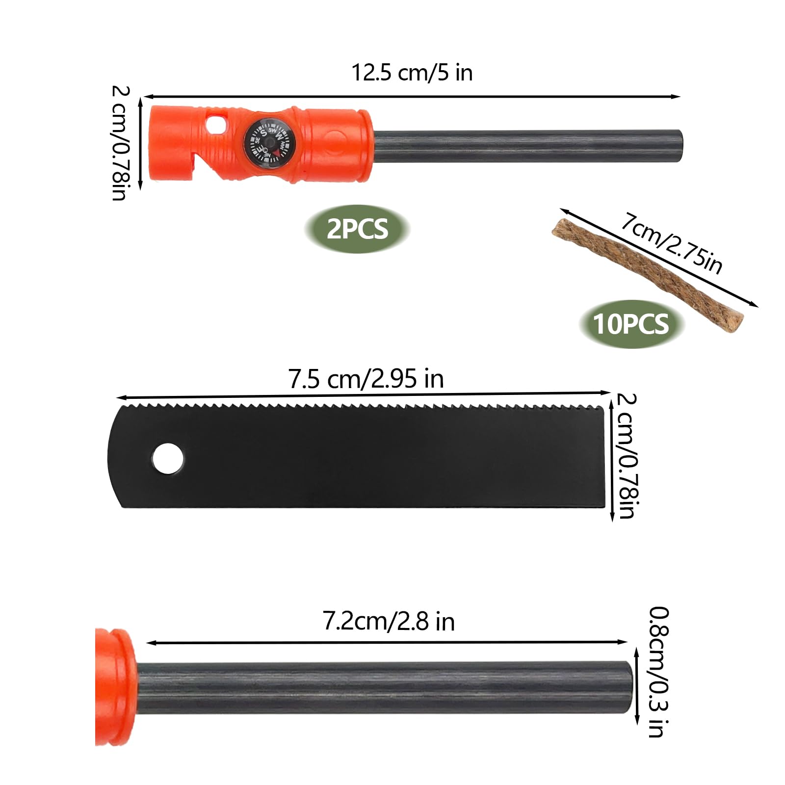 2 Piezas Pedernal Supervivencia Fuego Acero Encendedor Ferrocerio Raspador Escala Sacacorchos Camping Senderismo Exterior