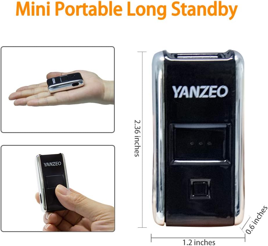Image showing the Yanzeo YZ2002 scanner in a hand and its dimensions (2.36 inches by 1.2 inches by 0.6 inches).