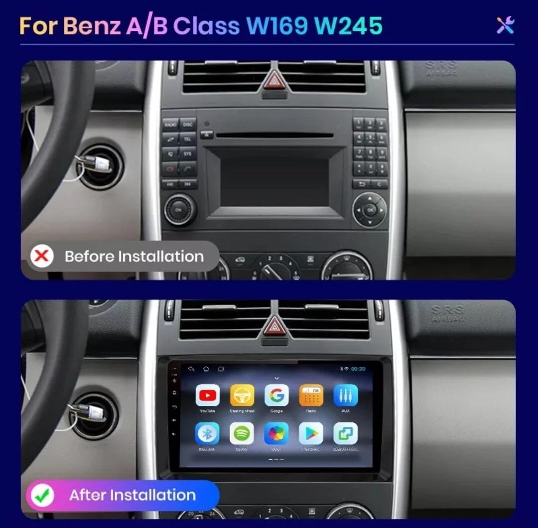 Autoradio für Mercedes-Benz B200 2004–2012 9 Zoll Navigationsgeräte Doppel Din Radio Bluetooth mit CarPlay Android Auto WiFi Android 13 2+32GB