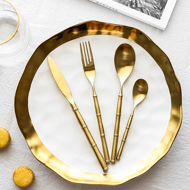 Silverware Flatware Cutlery Set, 4/16/24/32/40/48 Pieces 304 Stainless Steel Gold Main Meal Knives, Forks, Spoons, Tea Spoons, Various Matching Hotel Restaurants, Gold 24,Gold-48 Pieces for 12