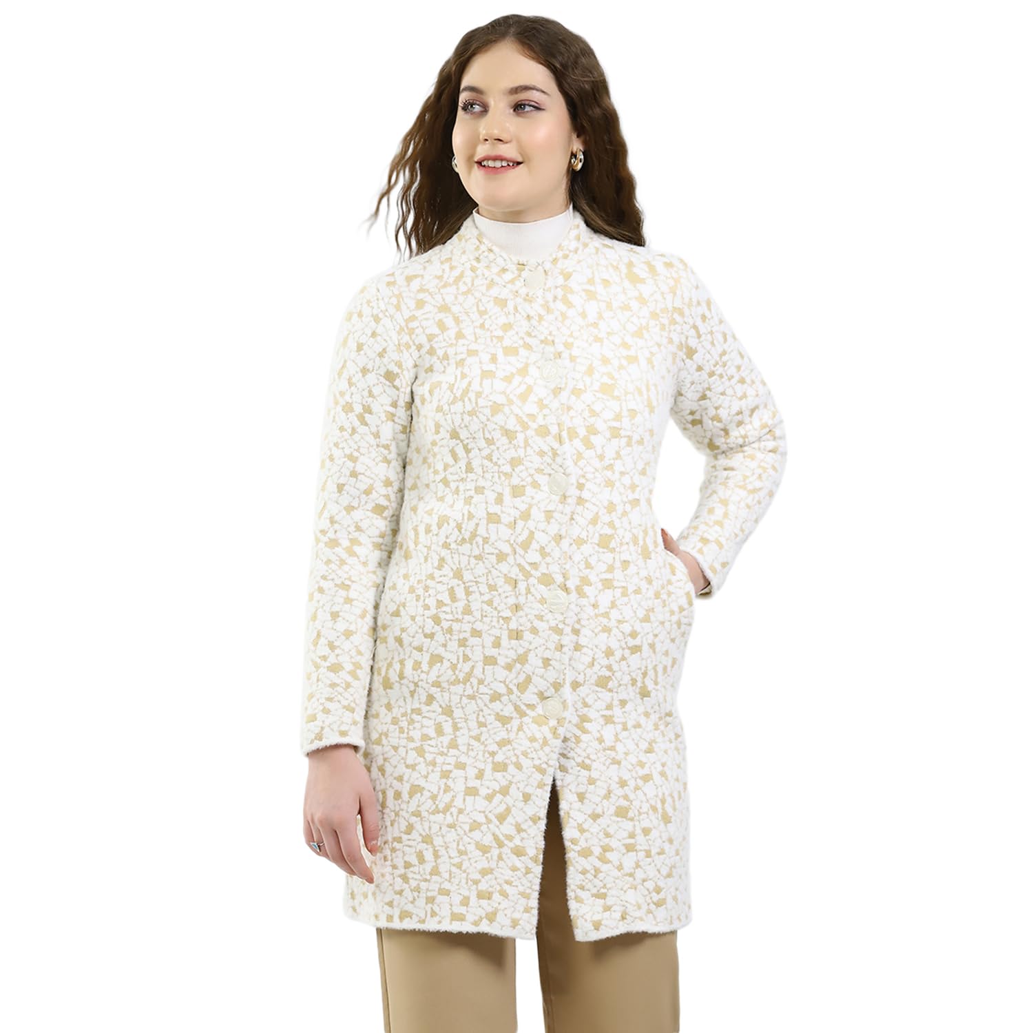 Women’s Knitted Coat | Printed | Regular Fit | Full Sleeve | Round Neck | Button Closure | Cozy Winter Coat for Women