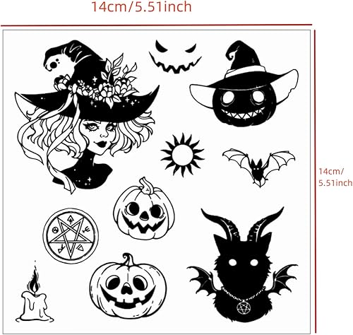 Miniatura 2 de Arbuya Sellos transparentes de bruja de Halloween para hacer tarjetas o diarios, espeluznante calabaza, murciélago, monstruo, sellos de silicona