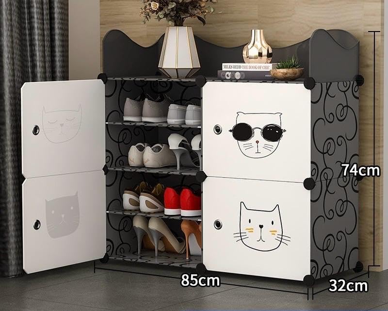 Image of Strassis Design Plastic Shoe Rack for Home | 8 Shelf DIY Shoe Rack with Door Magnets for Home Storage Plastic Box Organizer, Metal Door Frame, Chappal Slipper Sandals Stand (Black,4 Door)