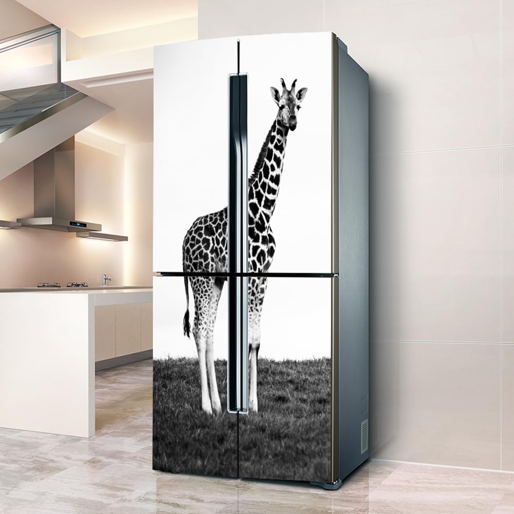 Fridge Stickers, Fridge Sticker Full Covering Door Covers Decor, Freezer Skins Wall Stickers for Kitchen Decal, Black and White Giraffe(L: 100x180 cm)