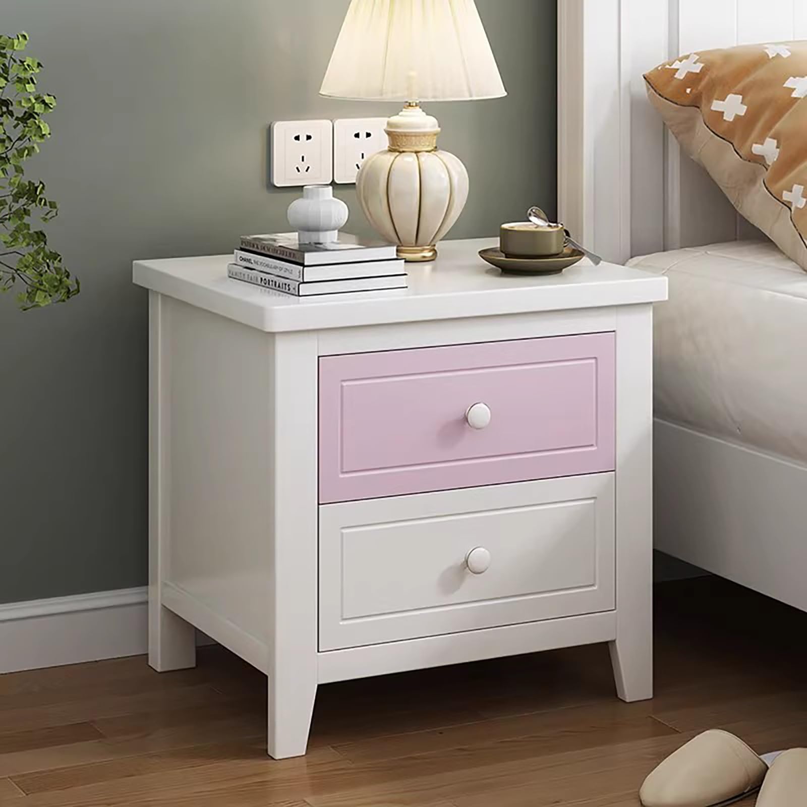 Table de chevet blanche et rose avec tiroir de rangement