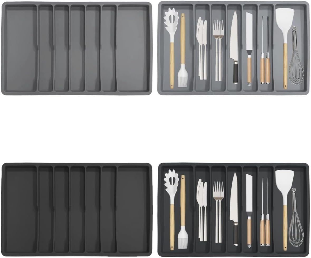 Silicone Cutlery Tray Silverware Drawer Organizer with 7 Compartments Non-Slip Base Utensil Holder with Dividers Fits Most Standard Kitchen Drawers for Forks Spoons Spatulas and Tongs(Grey)