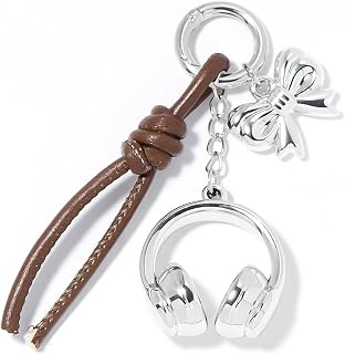 Earphones Keychain For Women, Leather Rope Chain Bow Music Exquisite Stainless Steel Bag Charm Gift Accessories