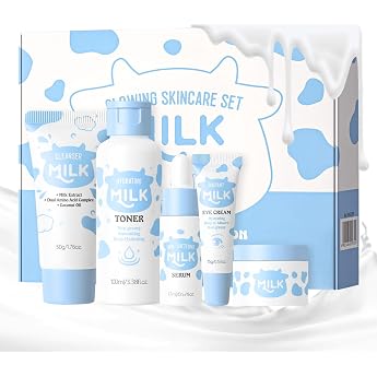 Care Set Womens Korean Skincare Set 5 Pieces Milk Skincare Set Teenager Girls Gifts Face Care Women with Cleanser Toner Serum Eye Cream & Cream Gifts for Mothers Day Gentle Formula